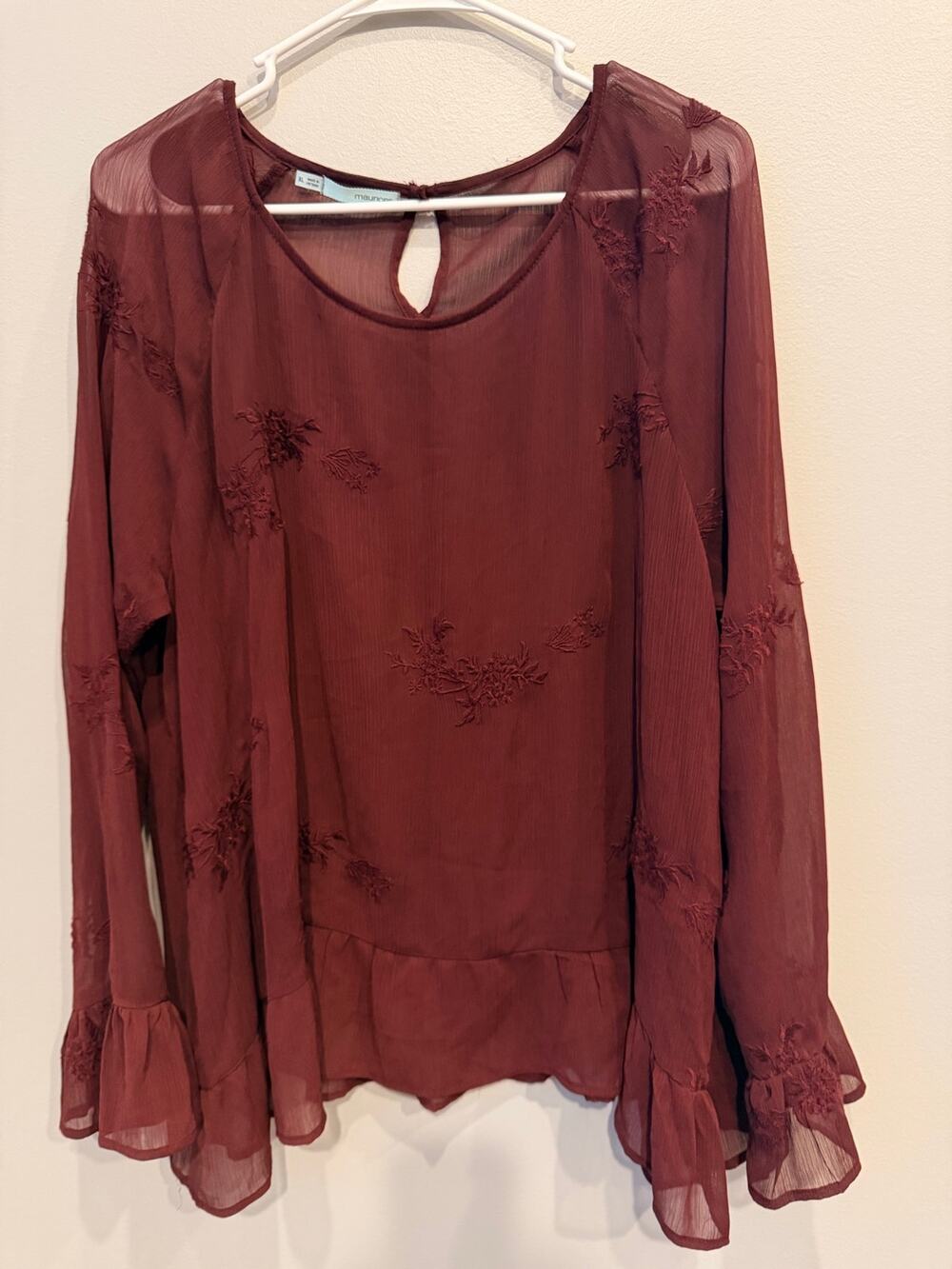 Maurices Maroon Burgundy Chiffon Embroidered Top Long Sleeve Ruffle Blouse XL